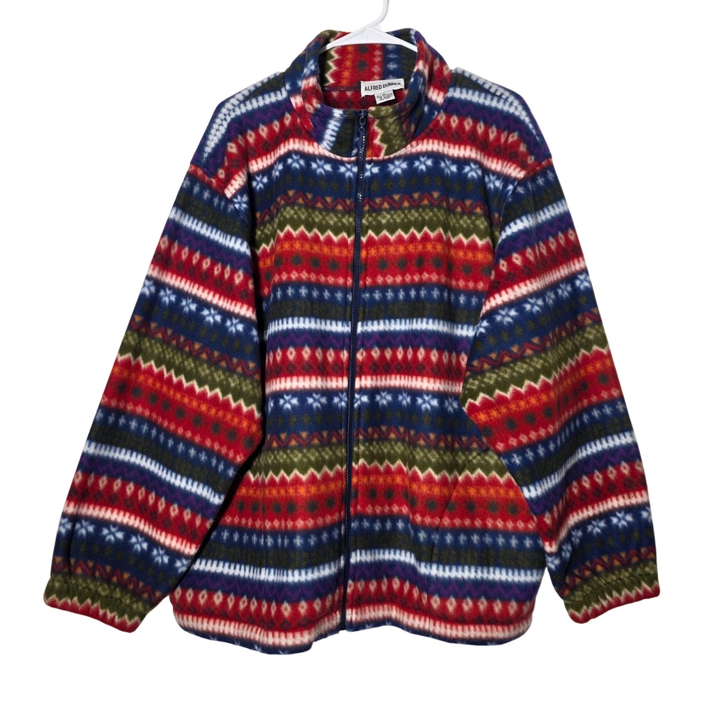 Alfred Dunner Fleece Jacket XL Fair Isle Geometric Full Zip Mock Neck Vintage
